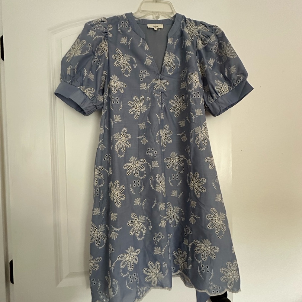 entro Powder Blue Floral Eyelet Mini Dress with Embroidered Detail